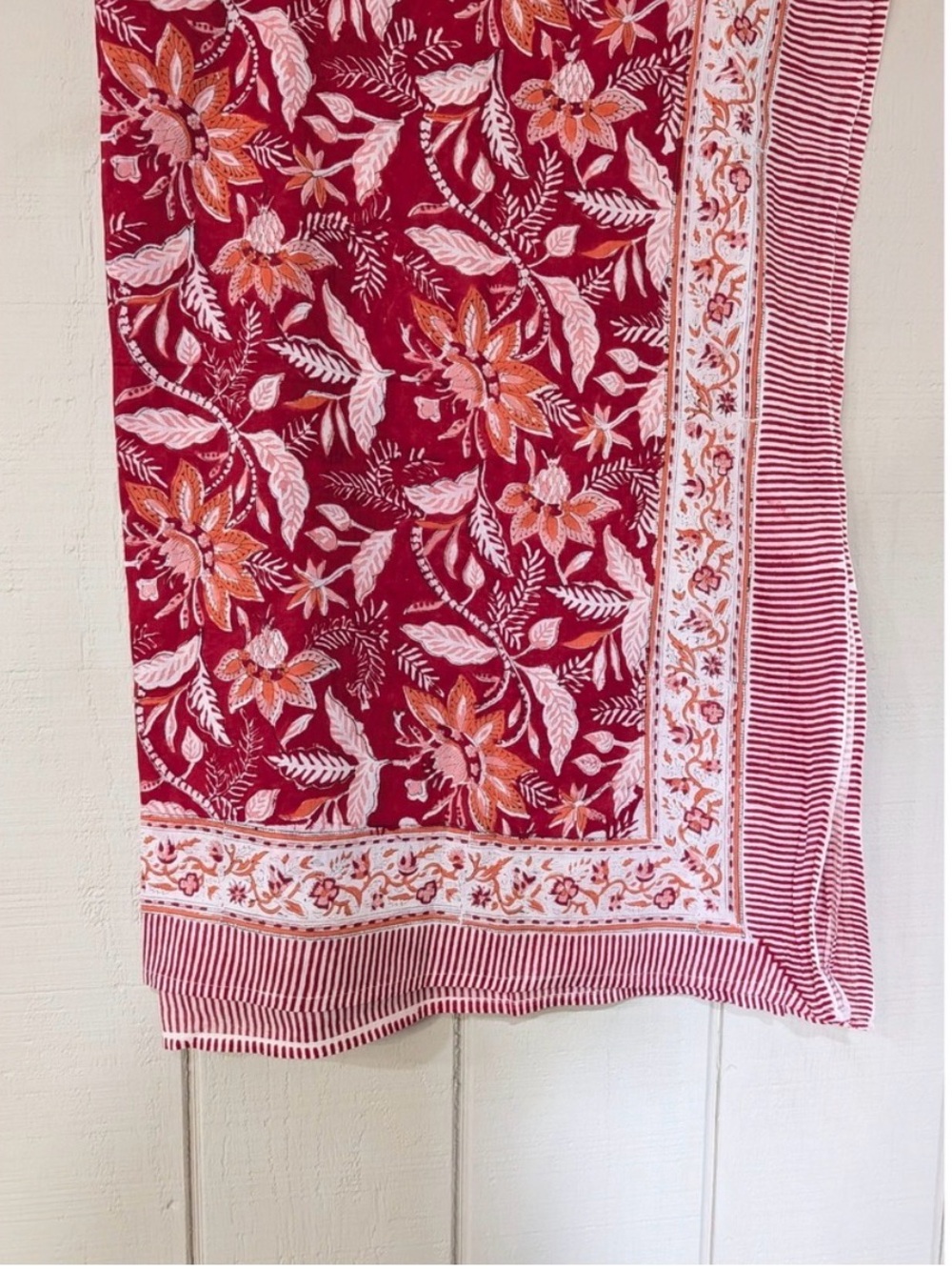 Julia Amory Red Floral Block Print Pareo Cotton Sarong Beach Wrap Scarf India - Picture 2 of 7